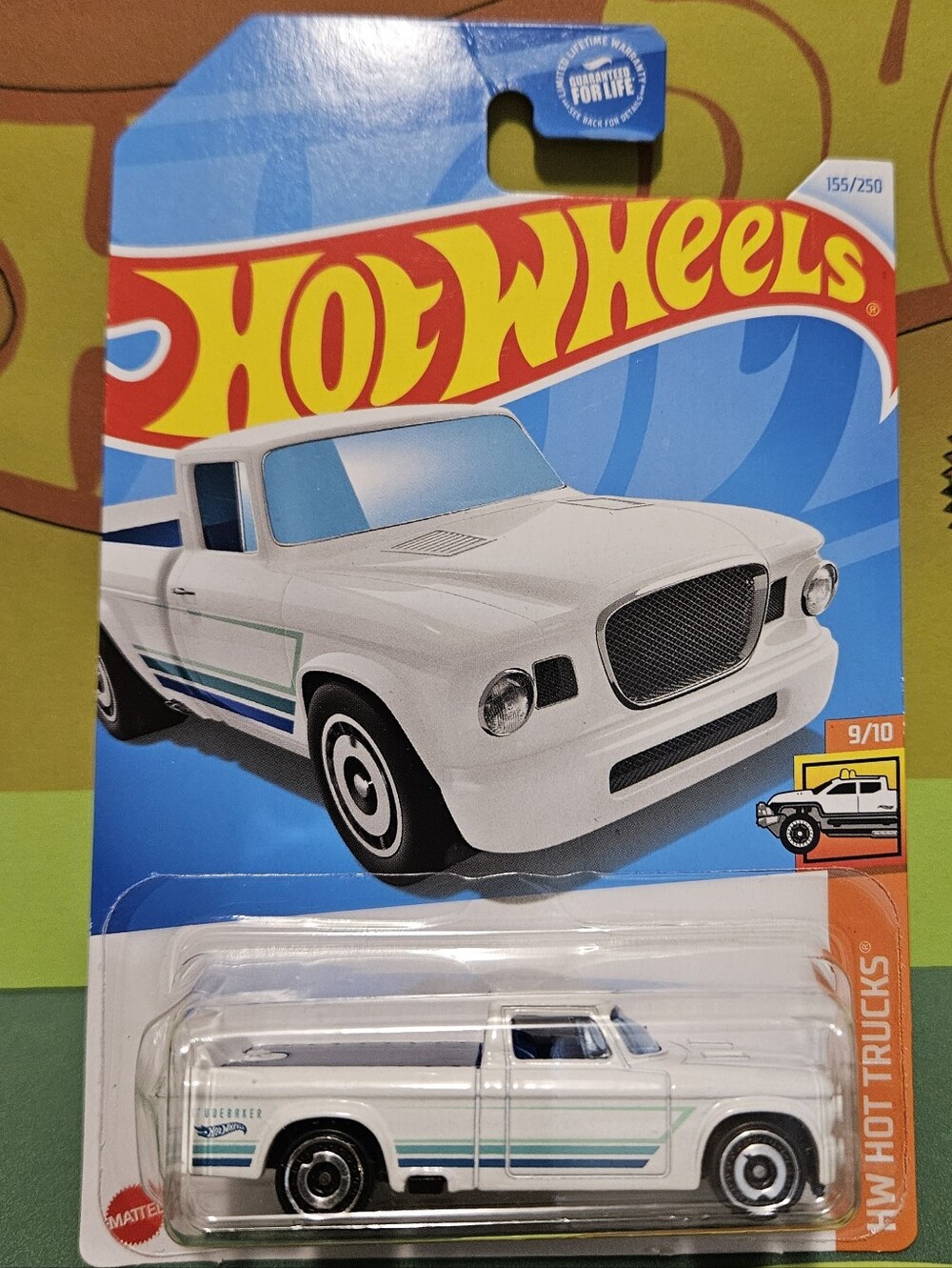 HotWheels White '63 Studebaker Pickup Truck with Blue & Green Stripes